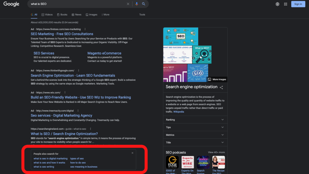 Google search results for SEO queries