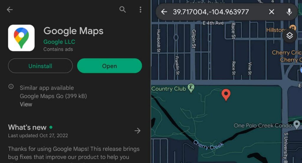 Google Maps app interface and map