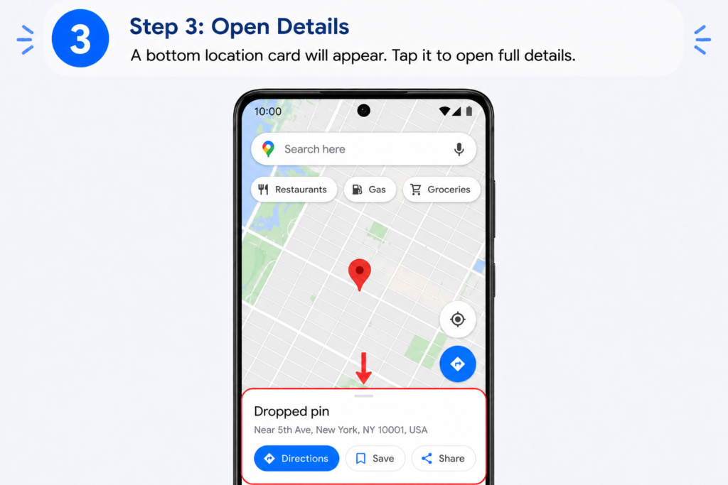 Dropped Pin in Google Maps - How to Save and Delete Pins google maps delete dropped pin android - step 3 open details