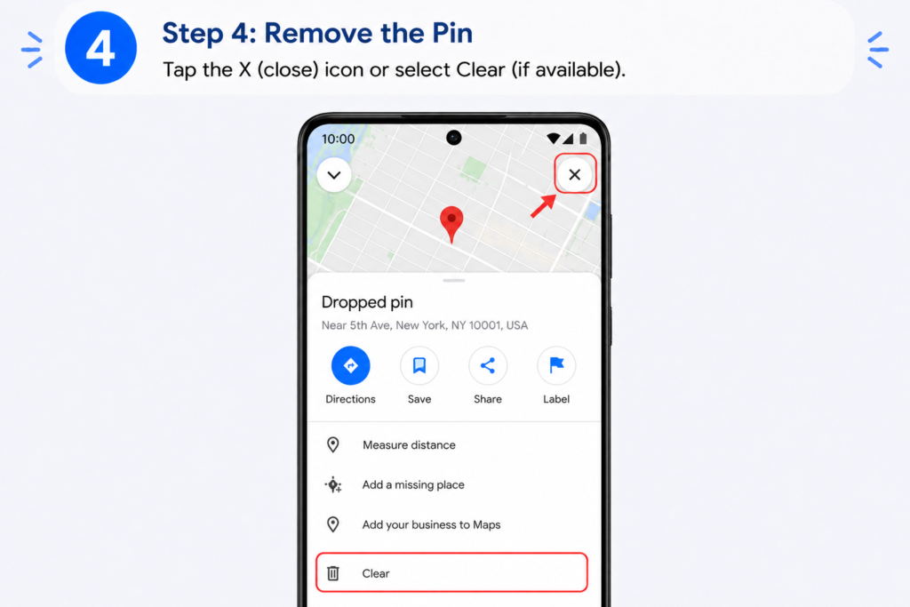 Dropped Pin in Google Maps - How to Save and Delete Pins google maps delete dropped pin android - step 4 remove pin