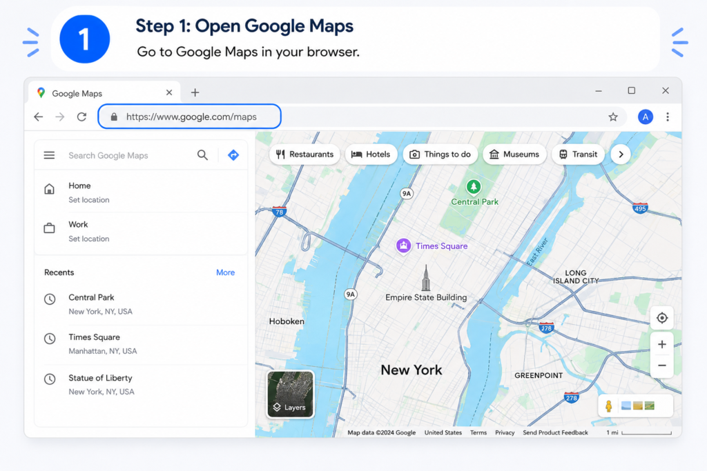 Dropped Pin in Google Maps - How to Save and Delete Pins google maps delete dropped pin desktop - step 1 open google maps