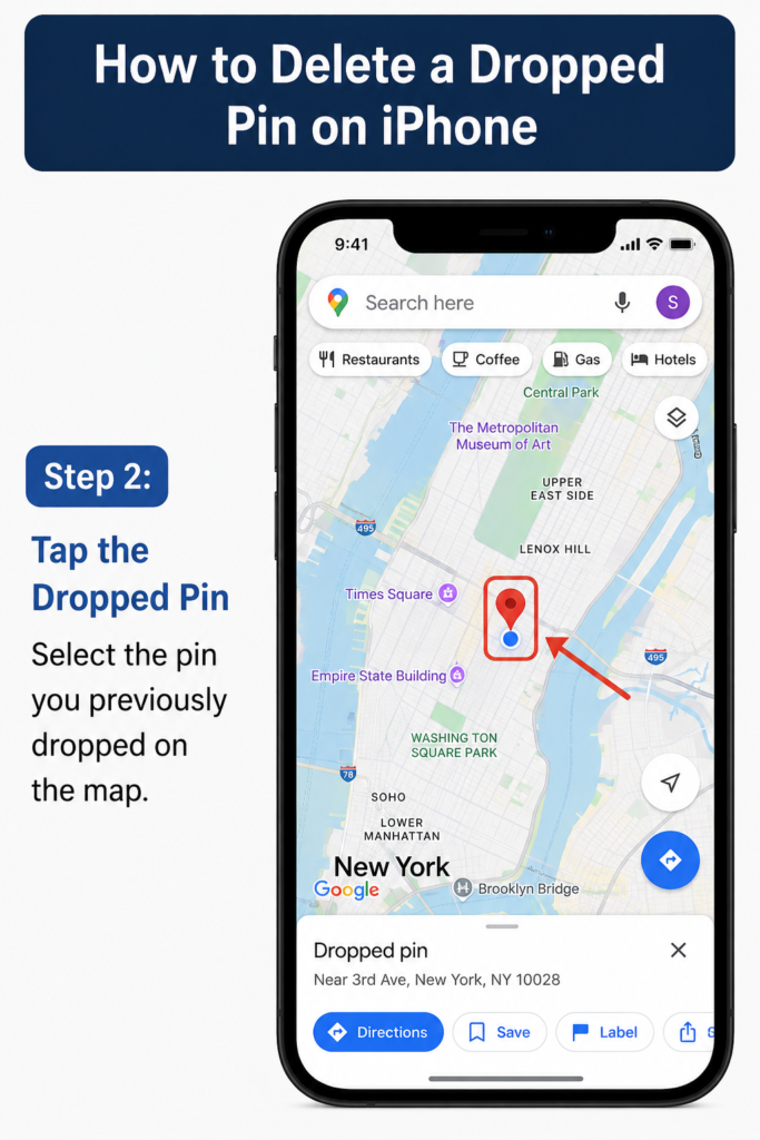 Dropped Pin in Google Maps - How to Save and Delete Pins google maps delete dropped pin iphone - step 2 tap dropped pin