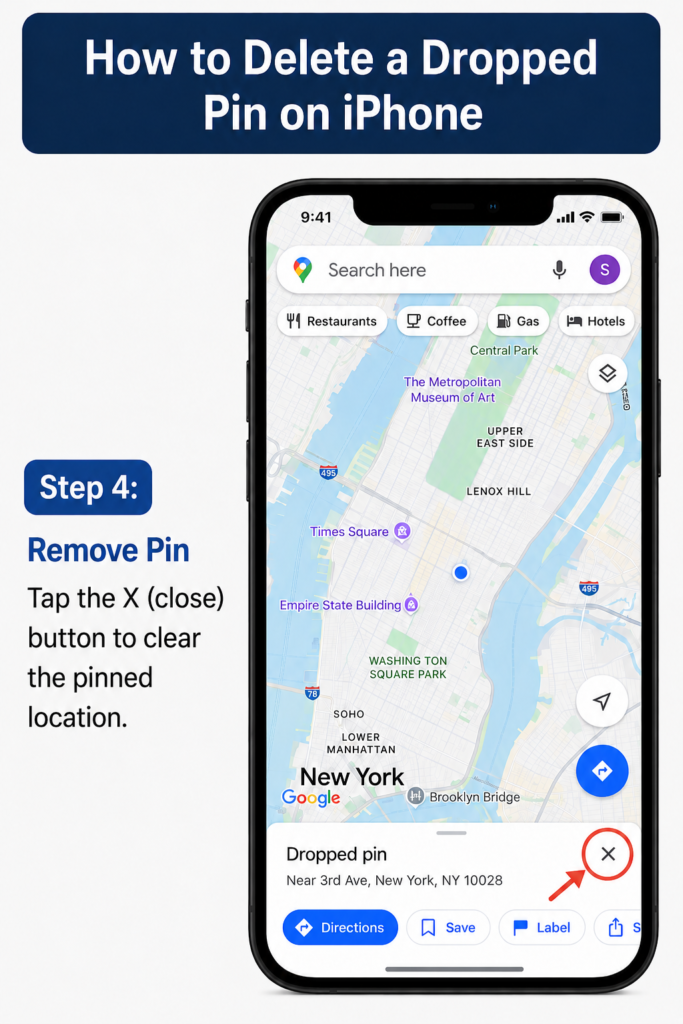 Dropped Pin in Google Maps - How to Save and Delete Pins google maps delete dropped pin iphone - step 4 remove pin