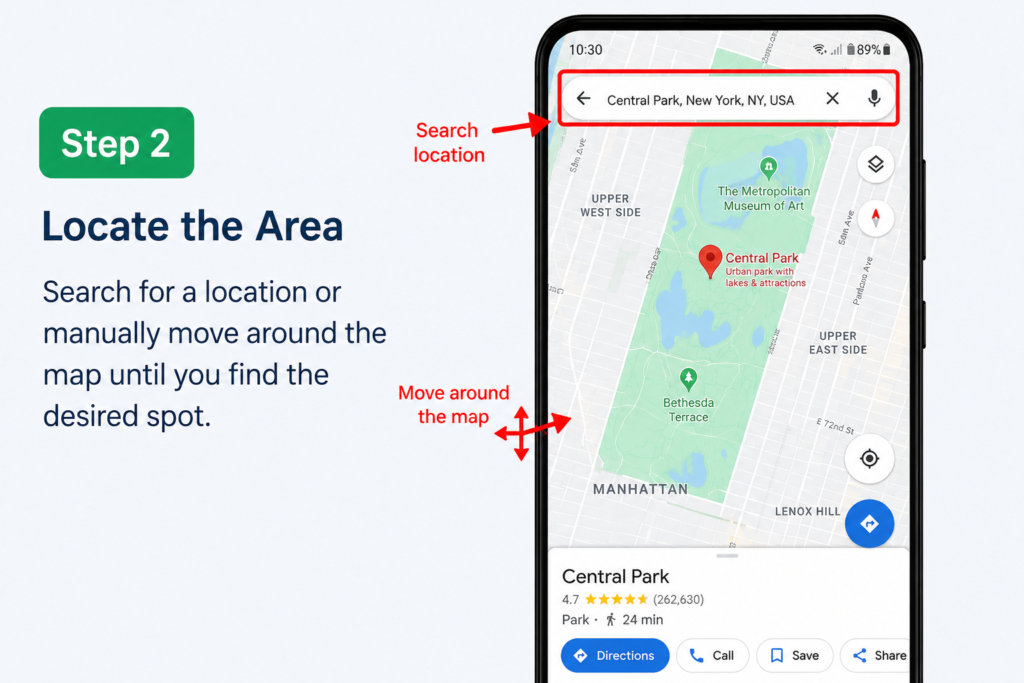Dropped Pin in Google Maps - How to Save and Delete Pins Google Maps on Android - Step 2 Locate the Area