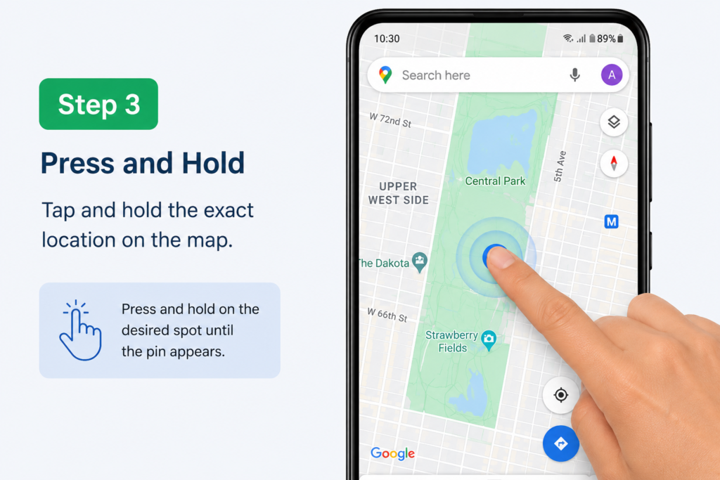 Dropped Pin in Google Maps - How to Save and Delete Pins Google Maps on Android - Step 3 Press and Hold