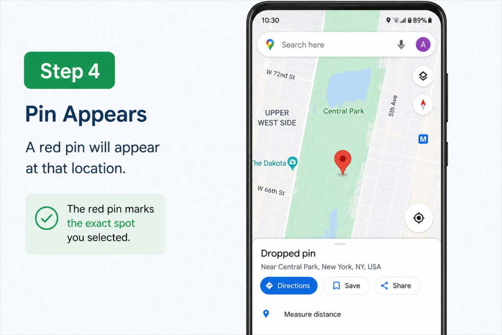 Dropped Pin in Google Maps - How to Save and Delete Pins Google Maps on Android - Step 4 Pin Appears