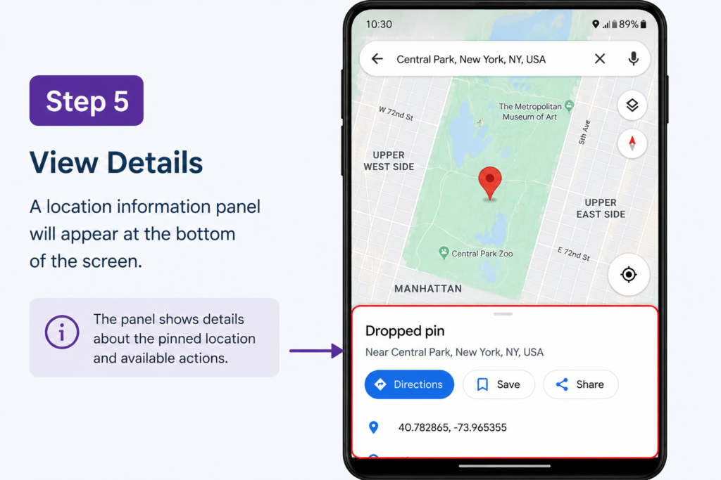Dropped Pin in Google Maps - How to Save and Delete Pins Google Maps on Android - Step 5 View Details