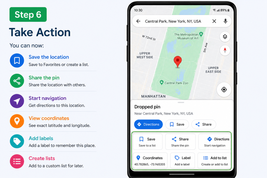 Dropped Pin in Google Maps - How to Save and Delete Pins Google Maps on Android - Step 6 Take Action