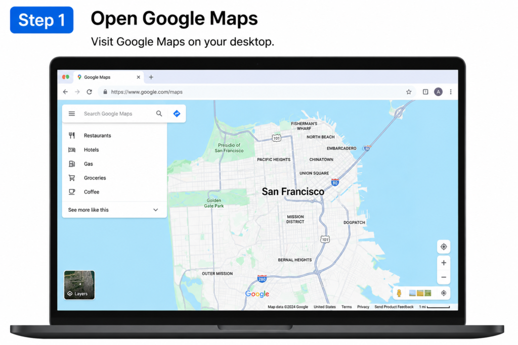 Dropped Pin in Google Maps - How to Save and Delete Pins Google Maps on Desktop - Step 1 Open Google Maps
