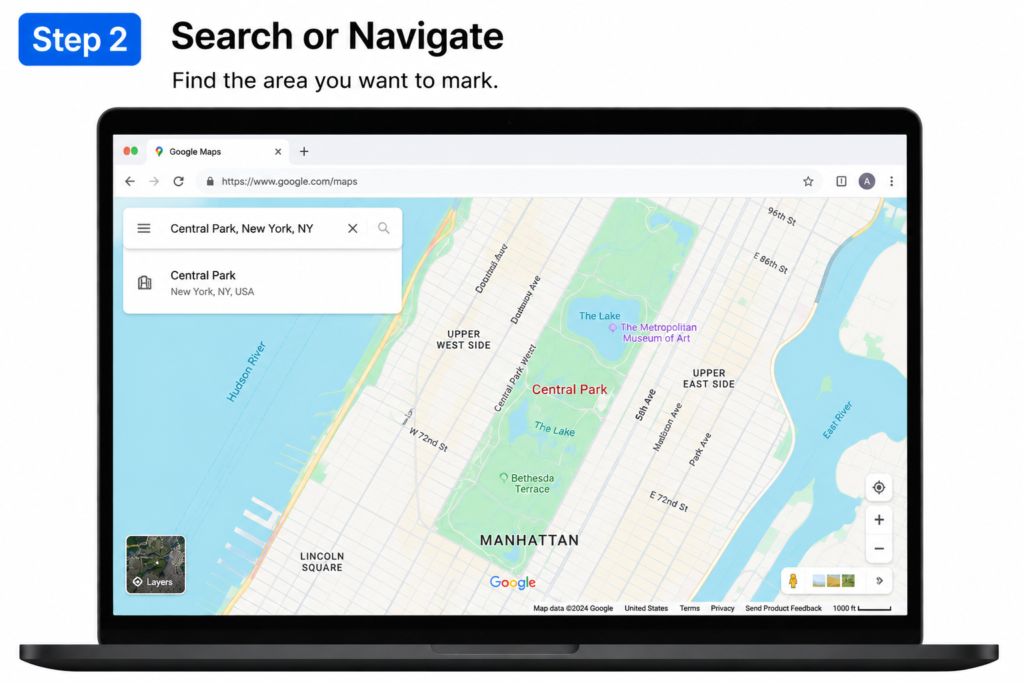 Dropped Pin in Google Maps - How to Save and Delete Pins Google Maps on Desktop - Step 2 Search or Navigate