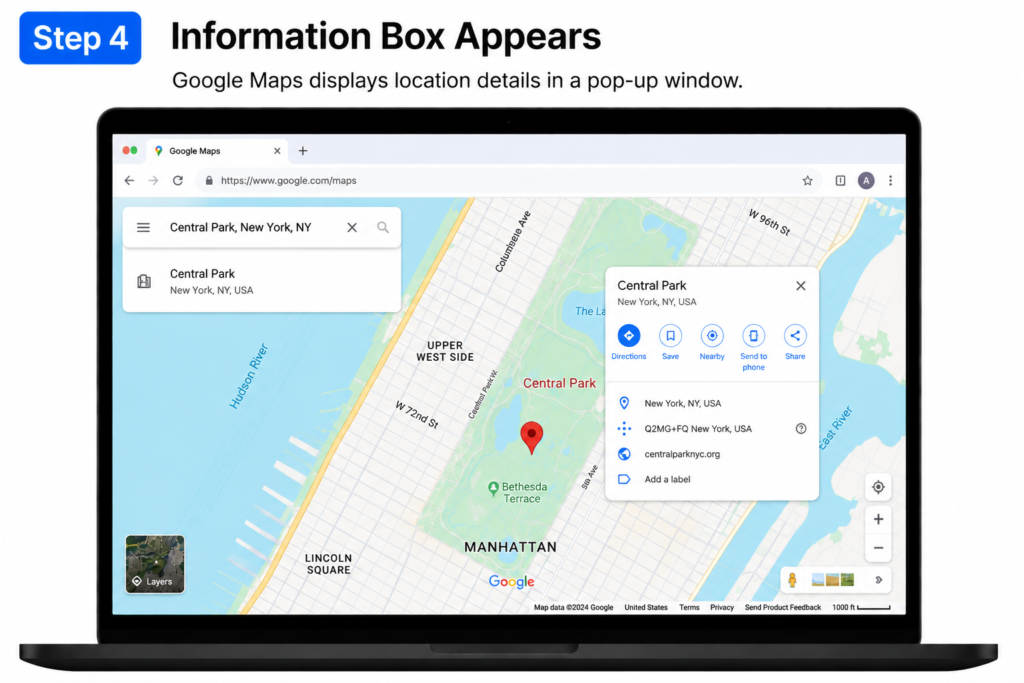 Dropped Pin in Google Maps - How to Save and Delete Pins Google Maps on Desktop - Step 4 Information Box Appears