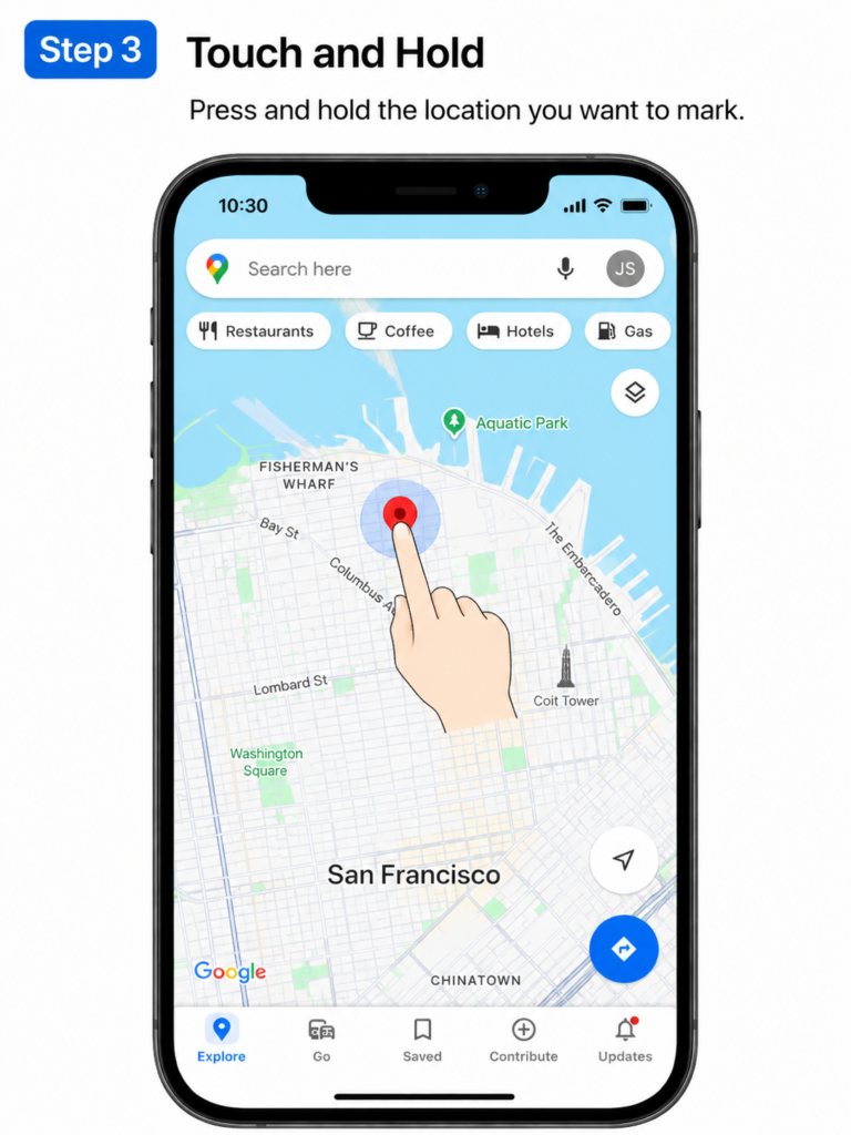 Dropped Pin in Google Maps - How to Save and Delete Pins Google Maps on iPhone - Step 3 Touch and Hold