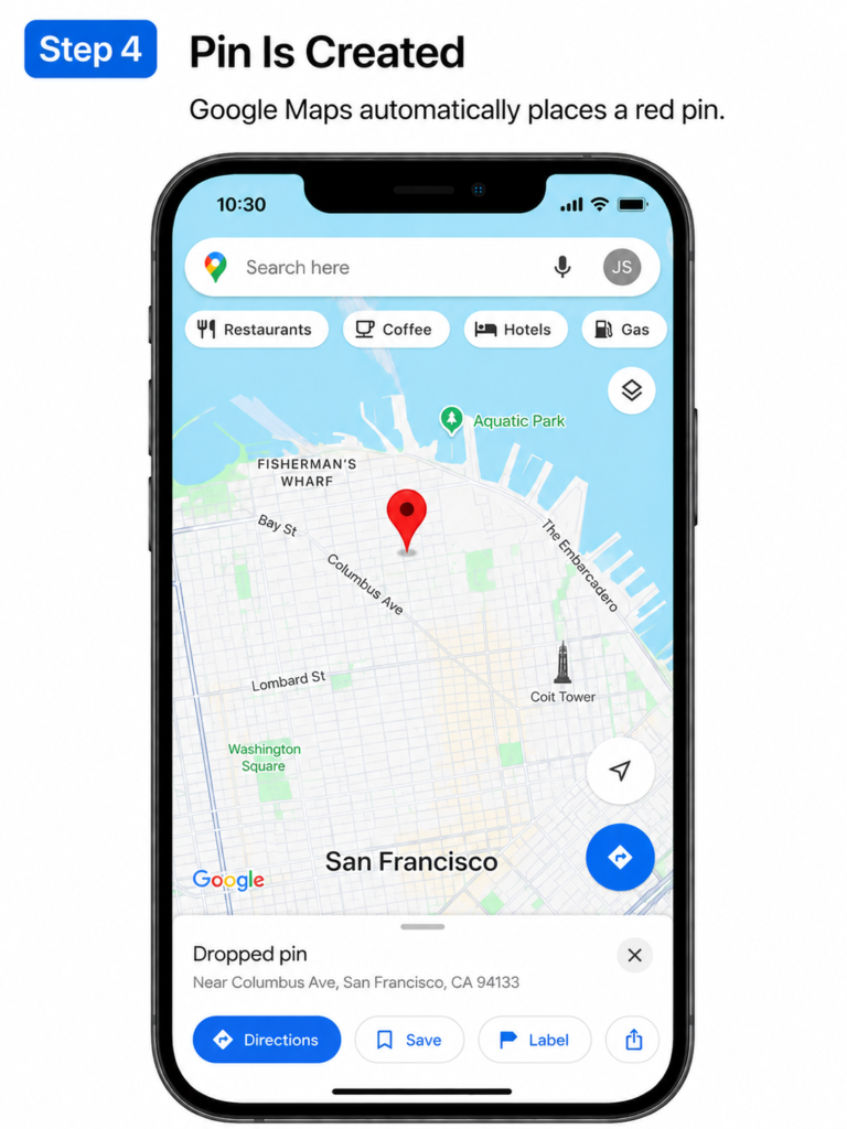 Dropped Pin in Google Maps - How to Save and Delete Pins Google Maps on iPhone - Step 4 Pin Is Created