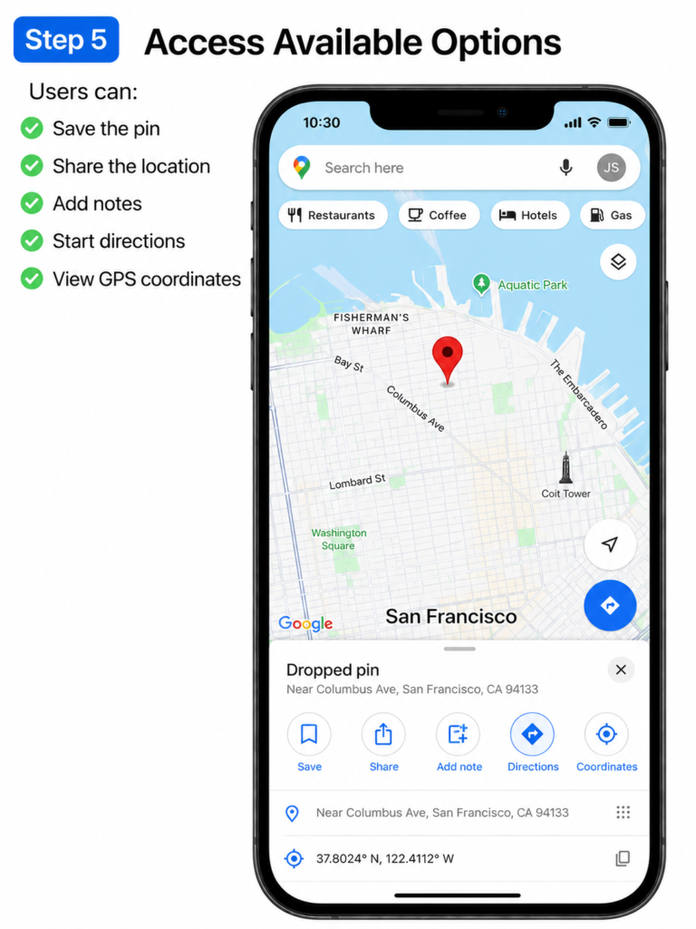 Dropped Pin in Google Maps - How to Save and Delete Pins Google Maps on iPhone - Step 5 Access Available Options