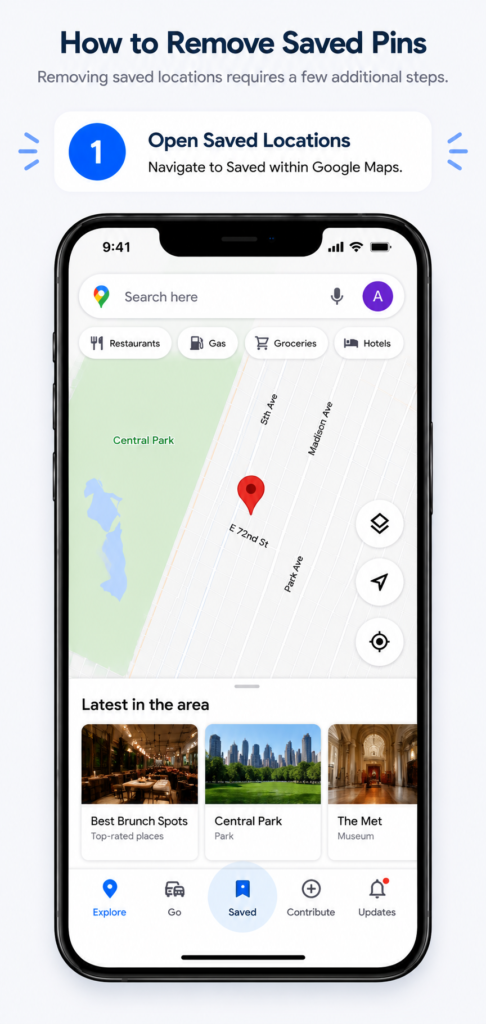 Dropped Pin in Google Maps - How to Save and Delete Pins google maps remove saved pins - step 1 open saved locations
