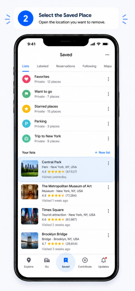 Dropped Pin in Google Maps - How to Save and Delete Pins google maps remove saved pins - step 2 select saved place