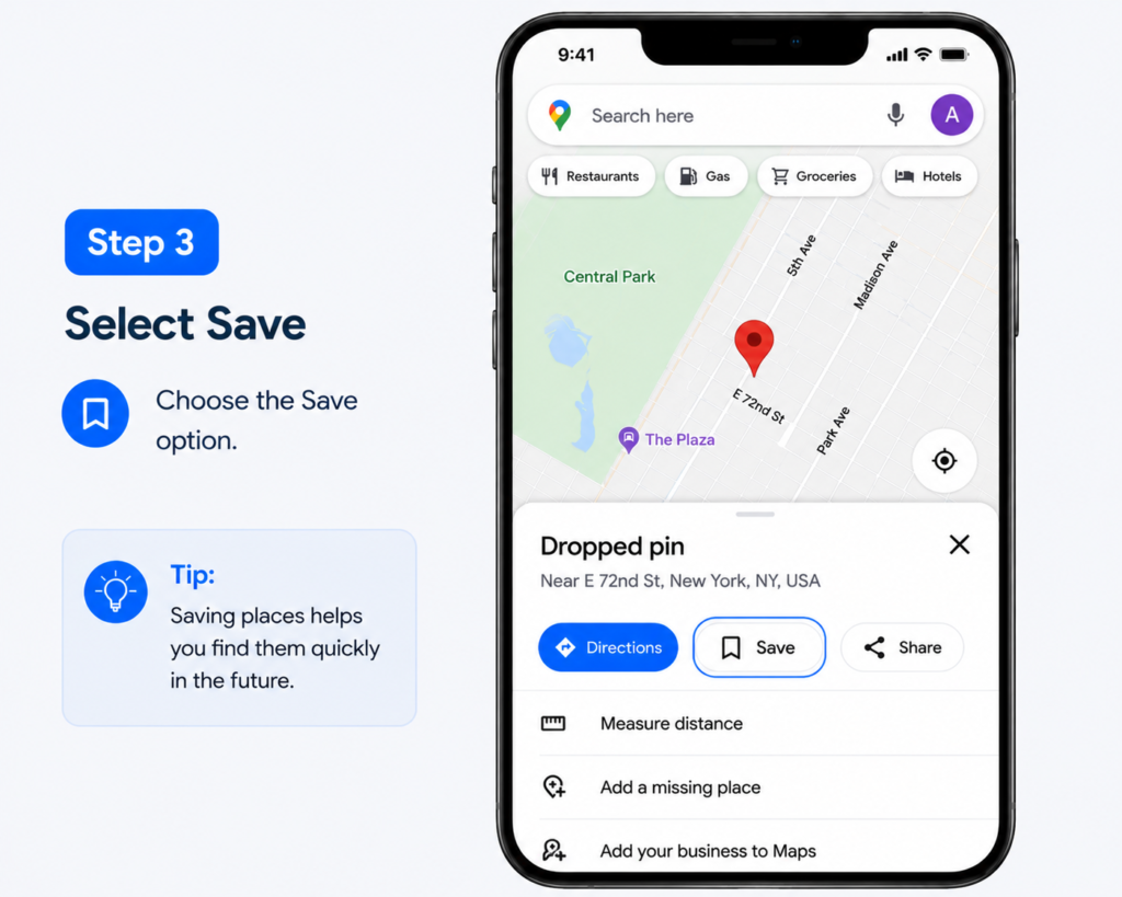 Dropped Pin in Google Maps - How to Save and Delete Pins Google Maps saved Dropped Pin - Step 3 Select Save