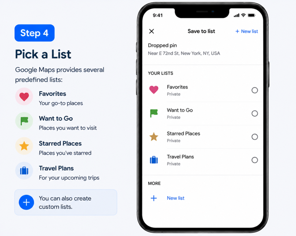 Dropped Pin in Google Maps - How to Save and Delete Pins Google Maps saved Dropped Pin - Step 4 Pick a List