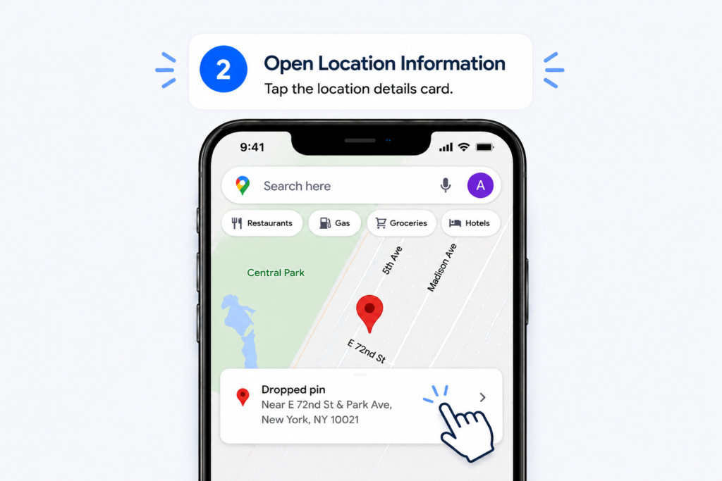 Dropped Pin in Google Maps - How to Save and Delete Pins google maps share location - step 2 open location information