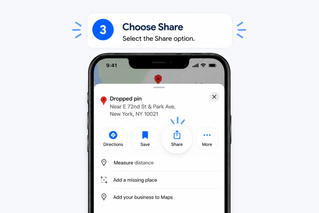 Dropped Pin in Google Maps - How to Save and Delete Pins google maps share location - step 3 choose share