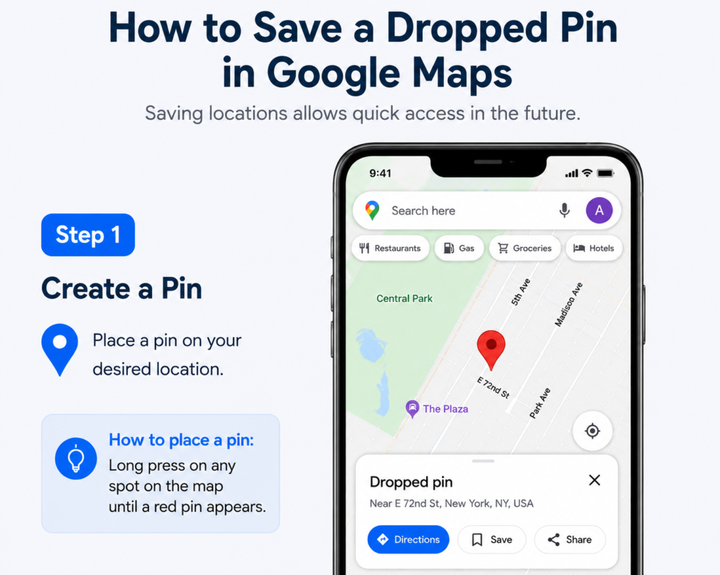 Dropped Pin in Google Maps - How to Save and Delete Pins Google Maps saved Dropped Pin - Step 1 Create a Pin