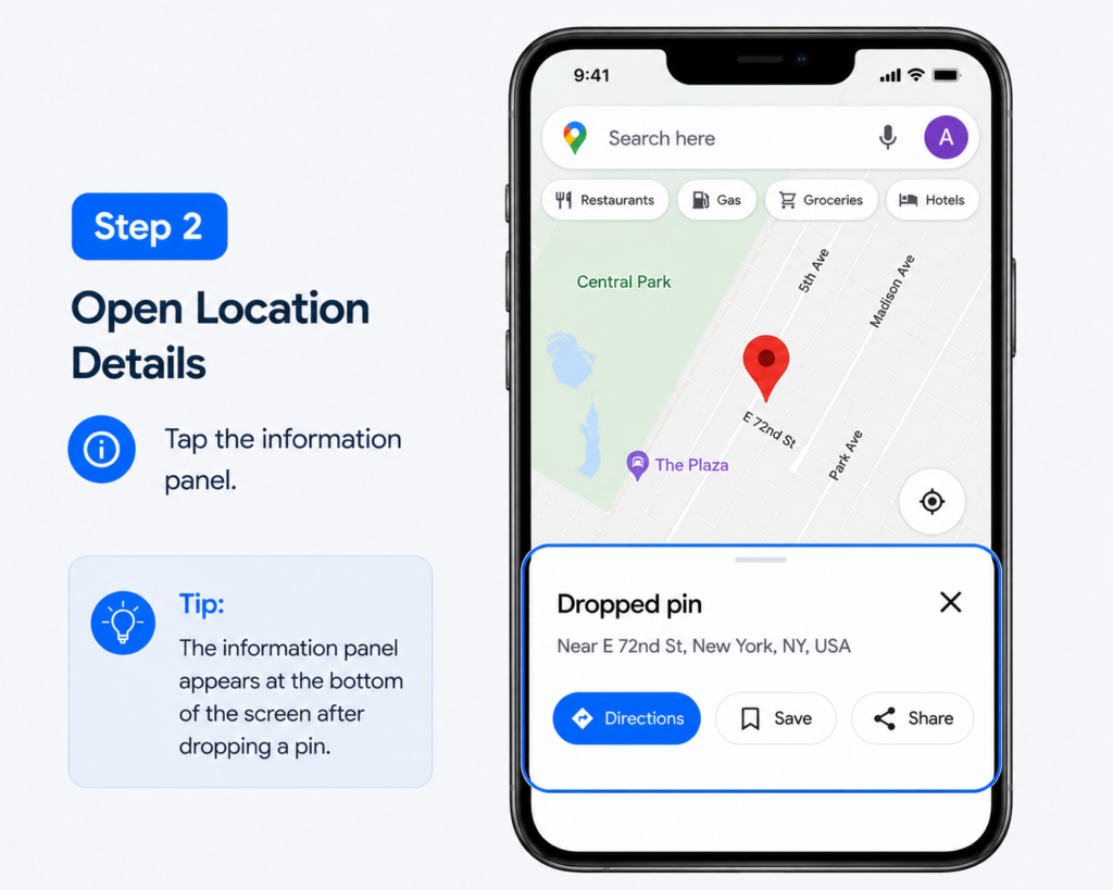Dropped Pin in Google Maps - How to Save and Delete Pins Google Maps saved Dropped Pin - Step 2 Open Location Details